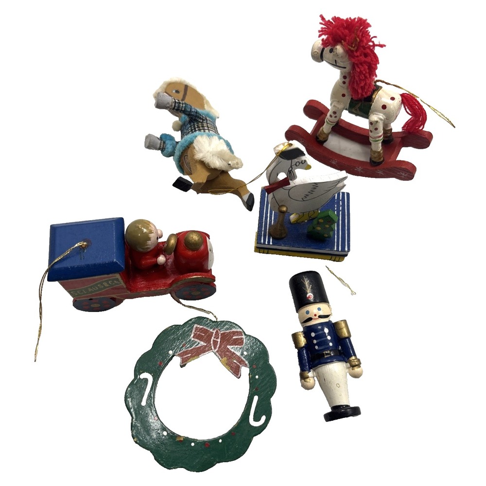 Vtg Lot Of 6 Wooden Christmas Ornaments Kurt Adler Horse Duck Wreath Train